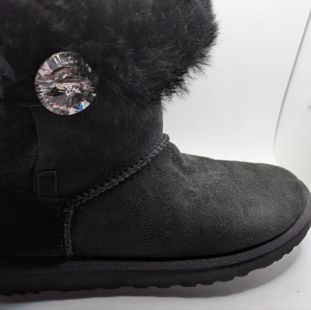 UGG‎ Bailey Button Bling Black Suede Shearling Boots - Size 6